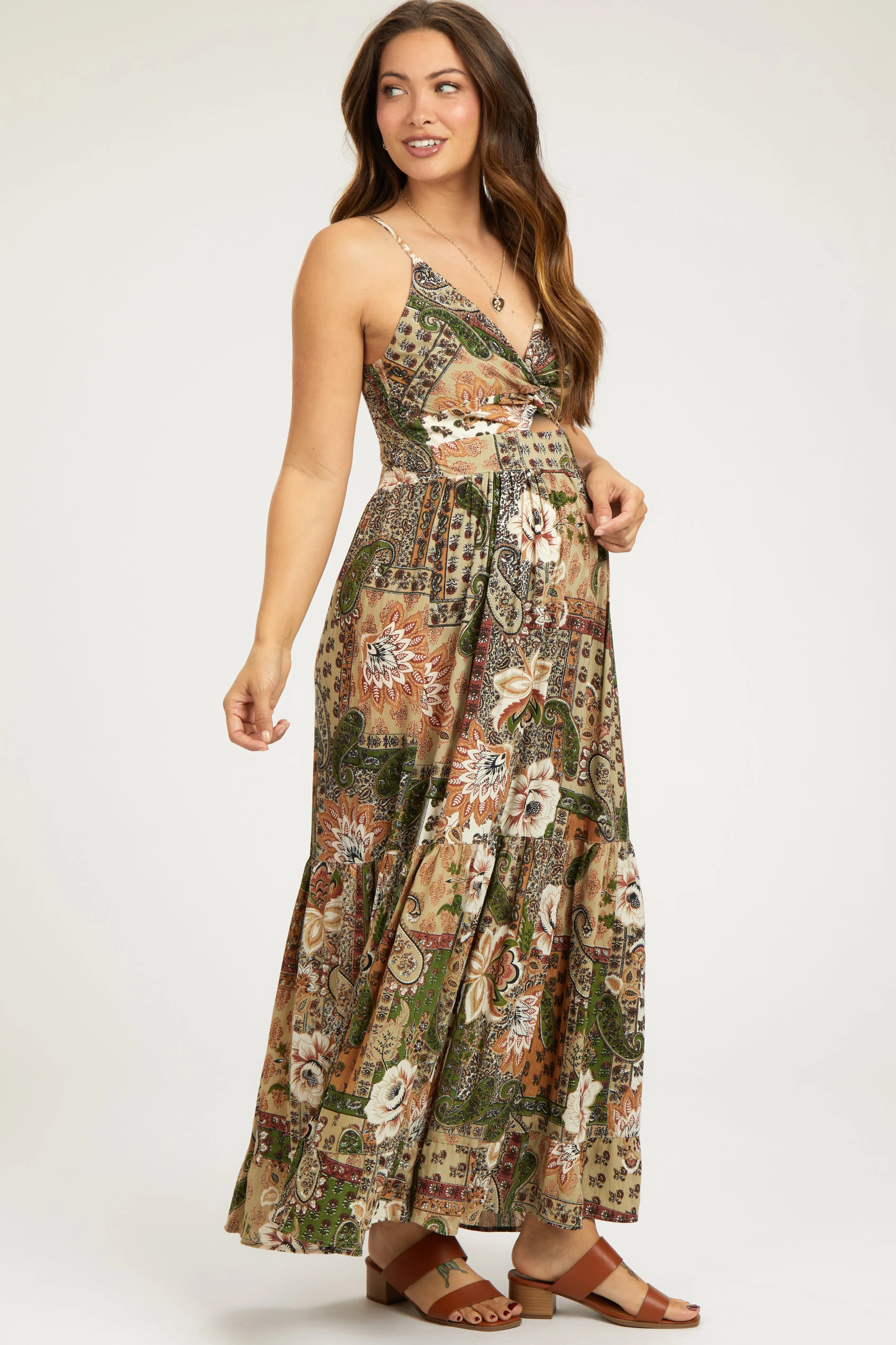 Olive Floral Paisley Front Twist Maternity Maxi Dress sold by Pinkblush product image thumbnail 2