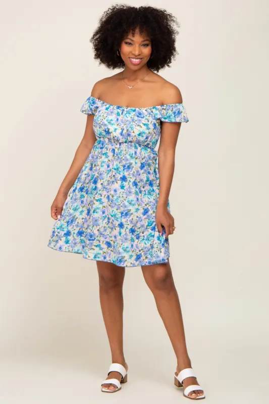 Blue Floral Ruffle Off Shoulder Dress sold by Pinkblush