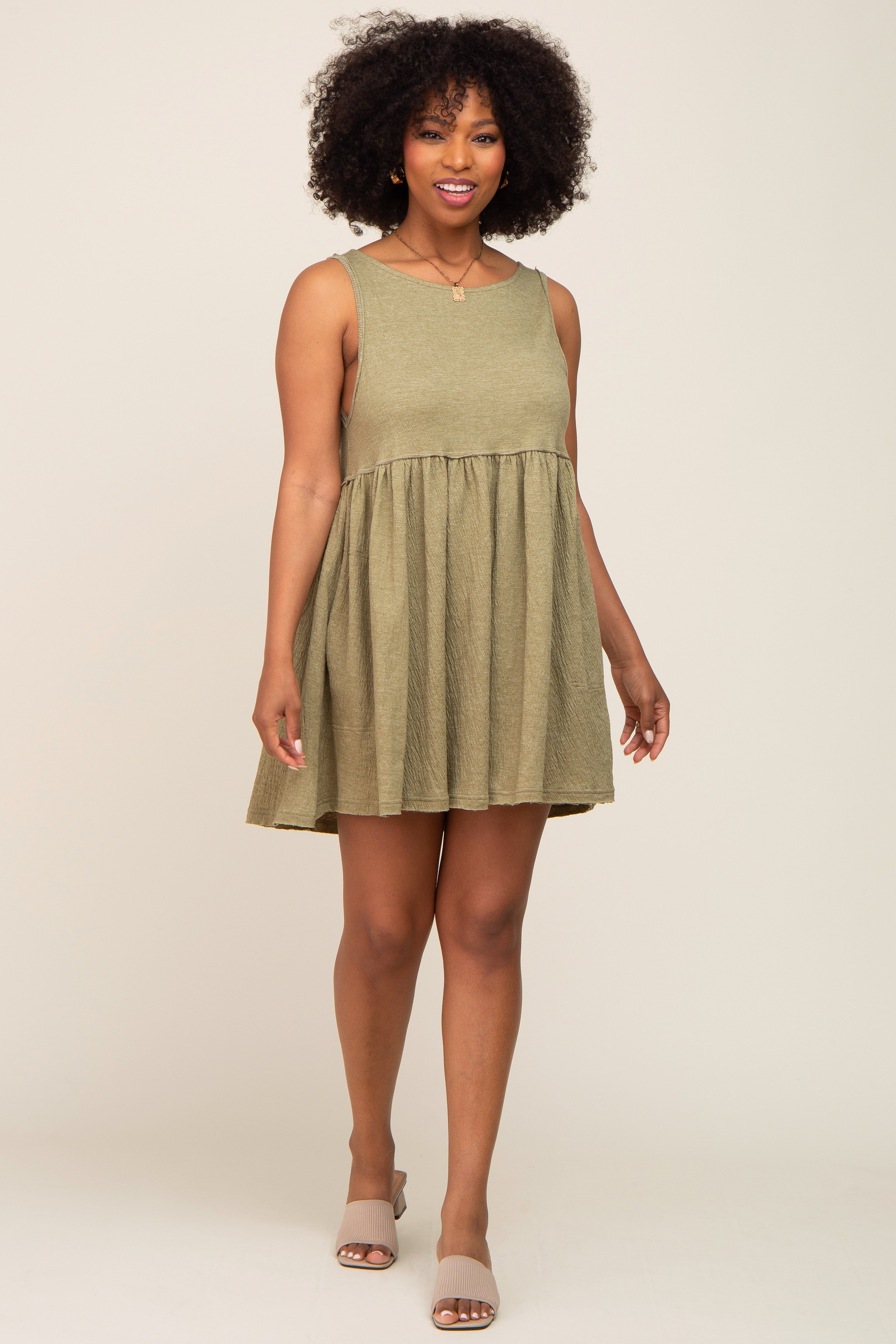 Olive Sleeveless Babydoll Mini Dress sold by Pinkblush product image thumbnail 4
