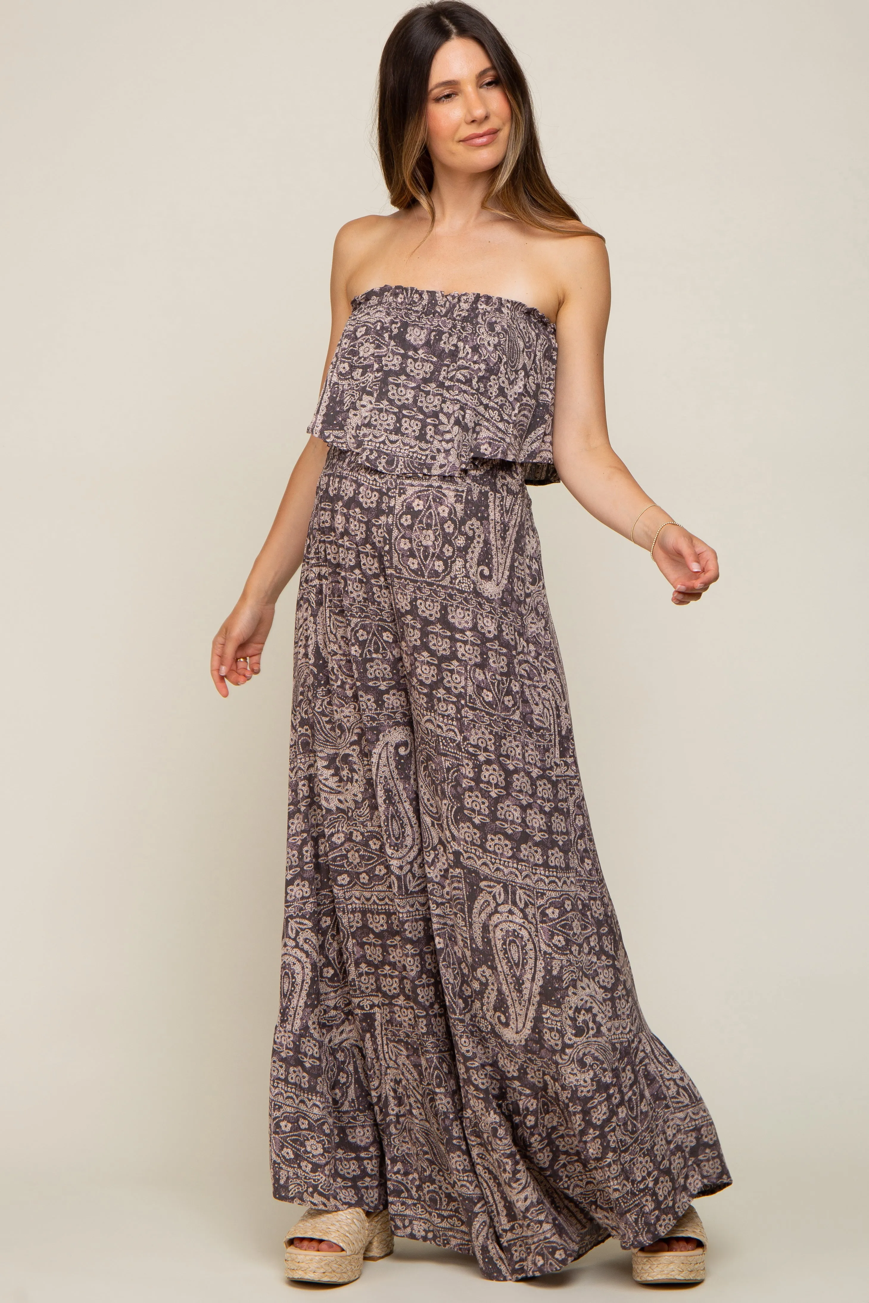 Blue Paisley Strapless Ruffle Wide Leg Maternity Jumpsuit sold by Pinkblush product image thumbnail 4