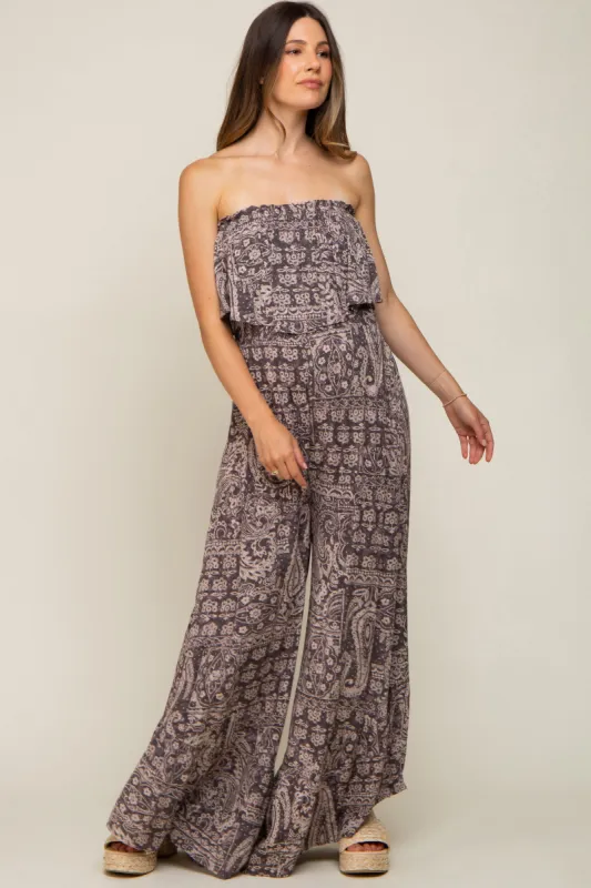 Blue Paisley Strapless Ruffle Wide Leg Maternity Jumpsuit sold by Pinkblush