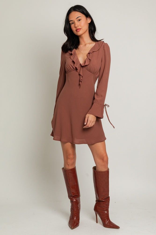 Cocoa Long Sleeve V-Neck Ruffle Detail Mini Dress sold by Pinkblush product image thumbnail 4