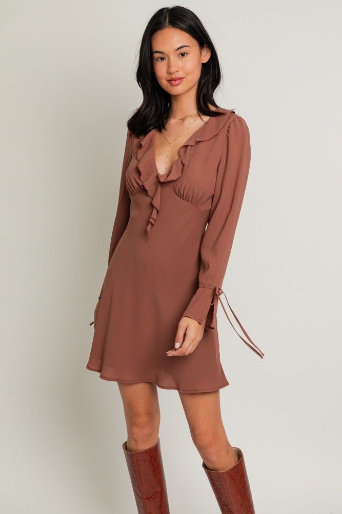 Cocoa Long Sleeve V-Neck Ruffle Detail Mini Dress sold by Pinkblush