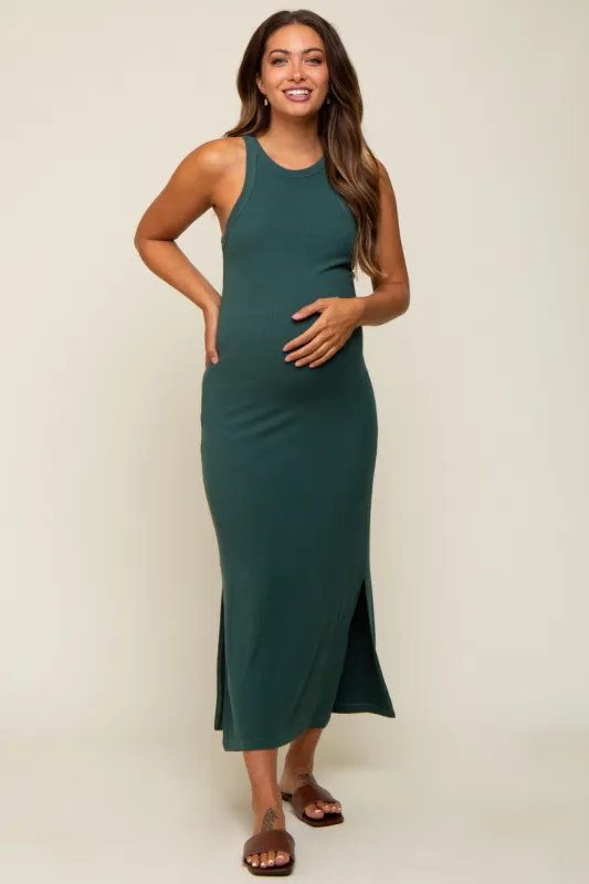 Teal Sleeveless Ribbed Side Slit Maternity Maxi Dress sold by Pinkblush