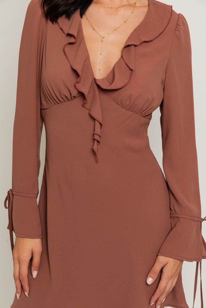 Cocoa Long Sleeve V-Neck Ruffle Detail Mini Dress sold by Pinkblush product image thumbnail 5