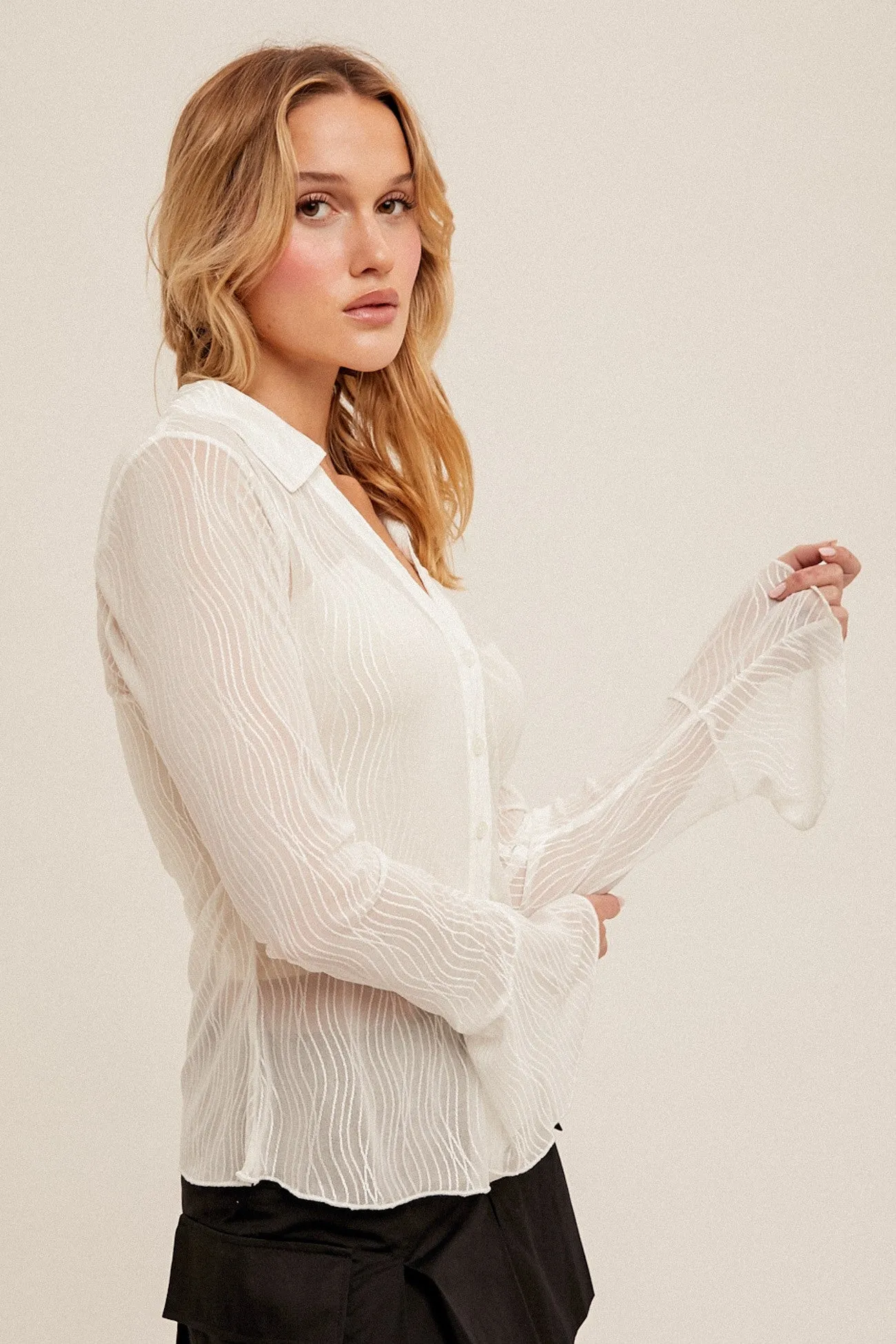 White Button Down Bell Sleeve Mesh Shirt sold by Pinkblush product image thumbnail 2