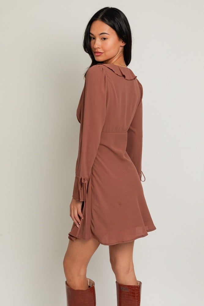 Cocoa Long Sleeve V-Neck Ruffle Detail Mini Dress sold by Pinkblush product image thumbnail 3