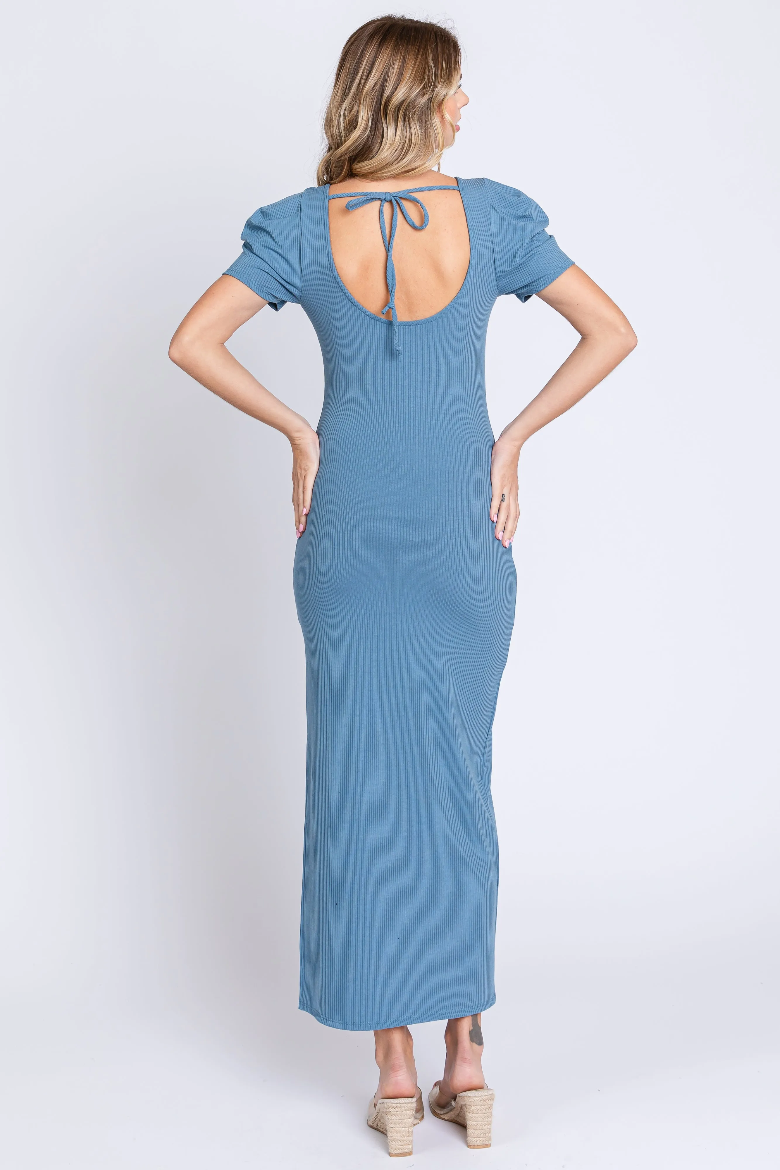 Blue Ribbed Sqaure Neck Side Slit Dress sold by Pinkblush product image thumbnail 3