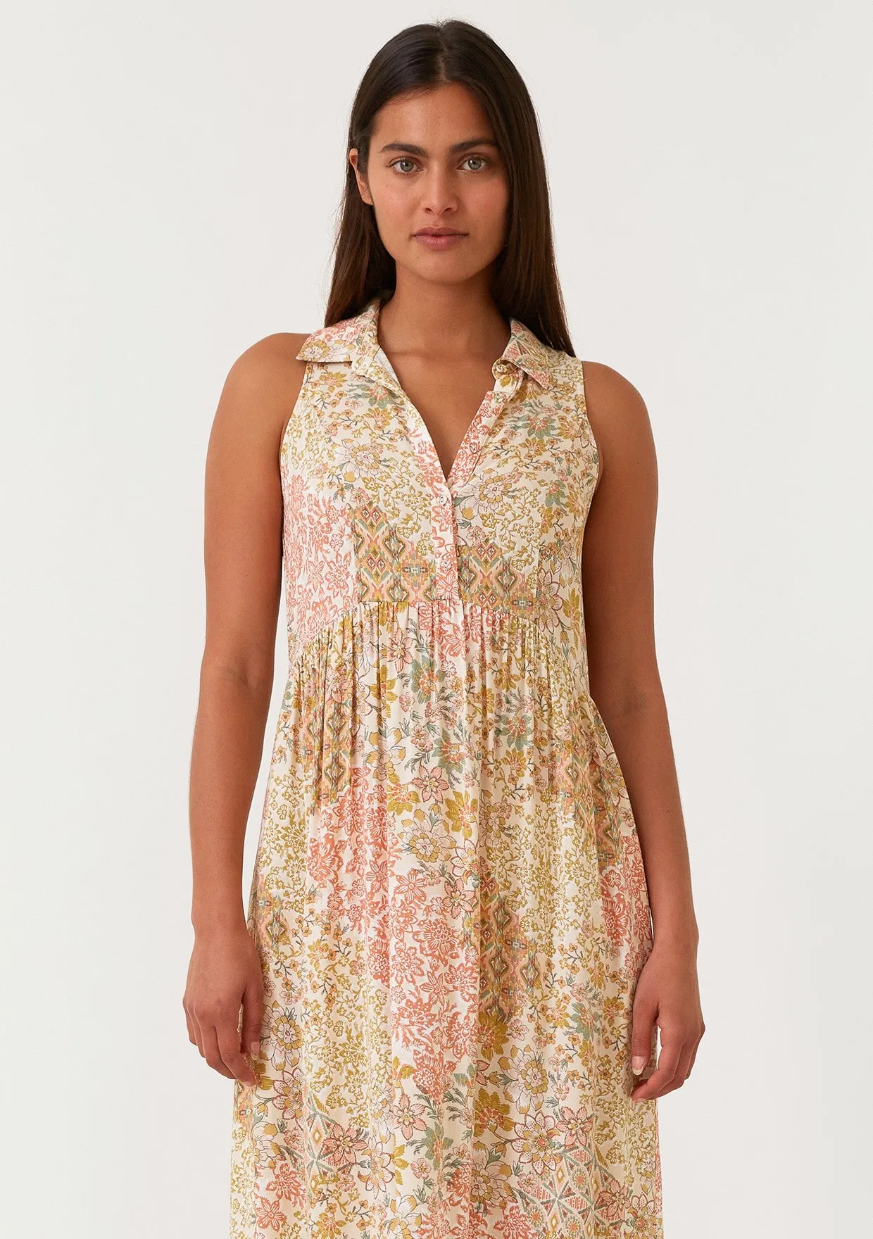 Peach Floral Sleeveless Button Tiered Collared Maxi Dress sold by Pinkblush product image thumbnail 4