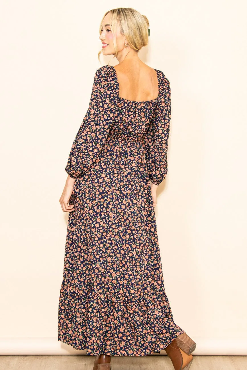 Navy Blue Floral Square Neck Ruffle Maxi Dress sold by Pinkblush product image thumbnail 3