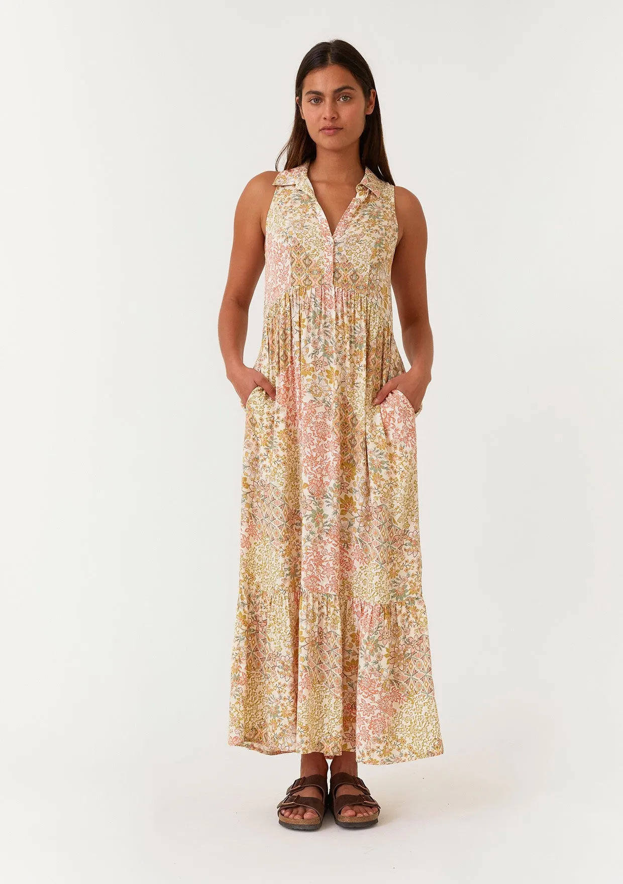 Peach Floral Sleeveless Button Tiered Collared Maxi Dress sold by Pinkblush