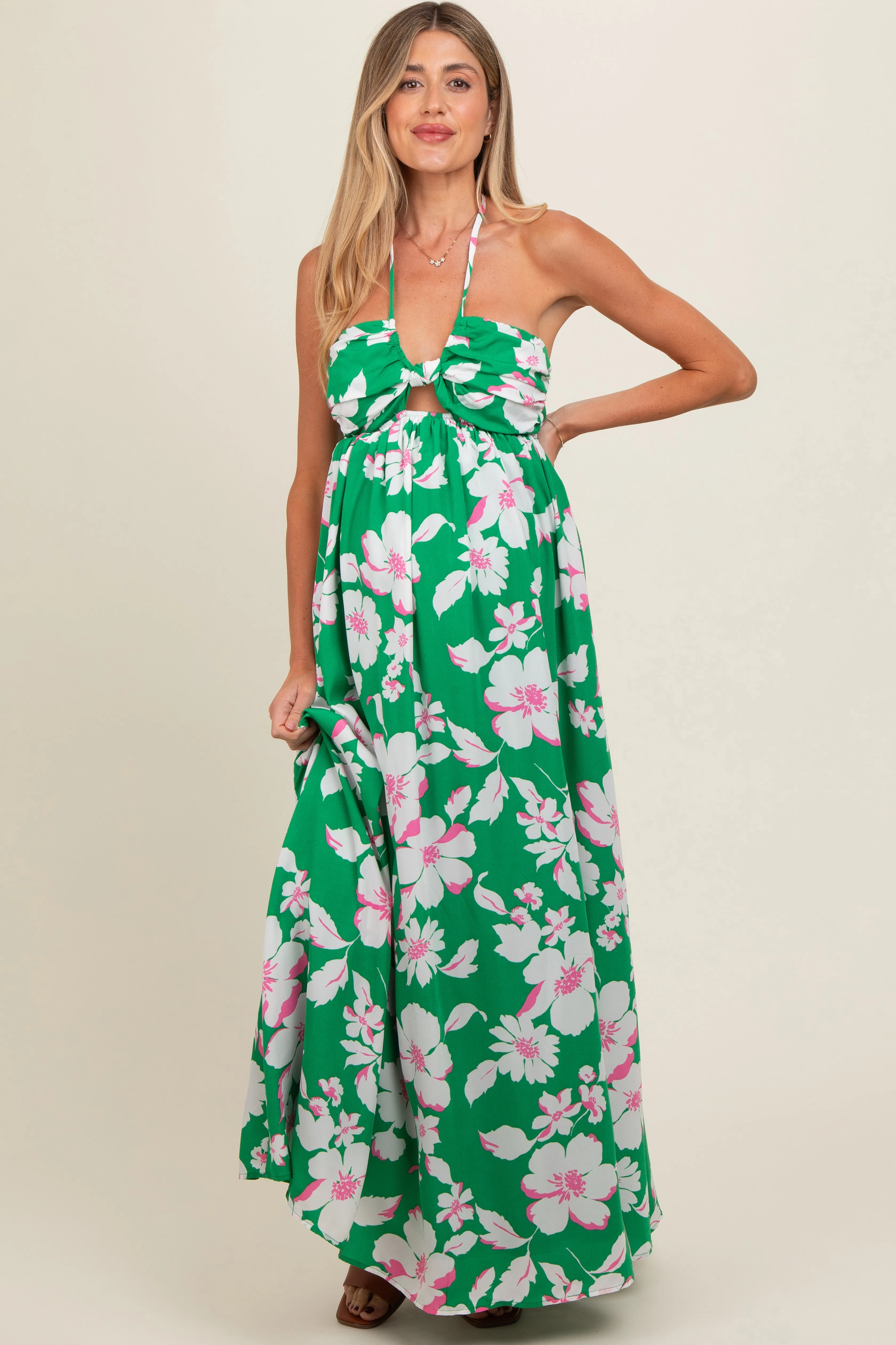 Green Floral Halter Neck Maternity Maxi Dress sold by Pinkblush product image thumbnail 2