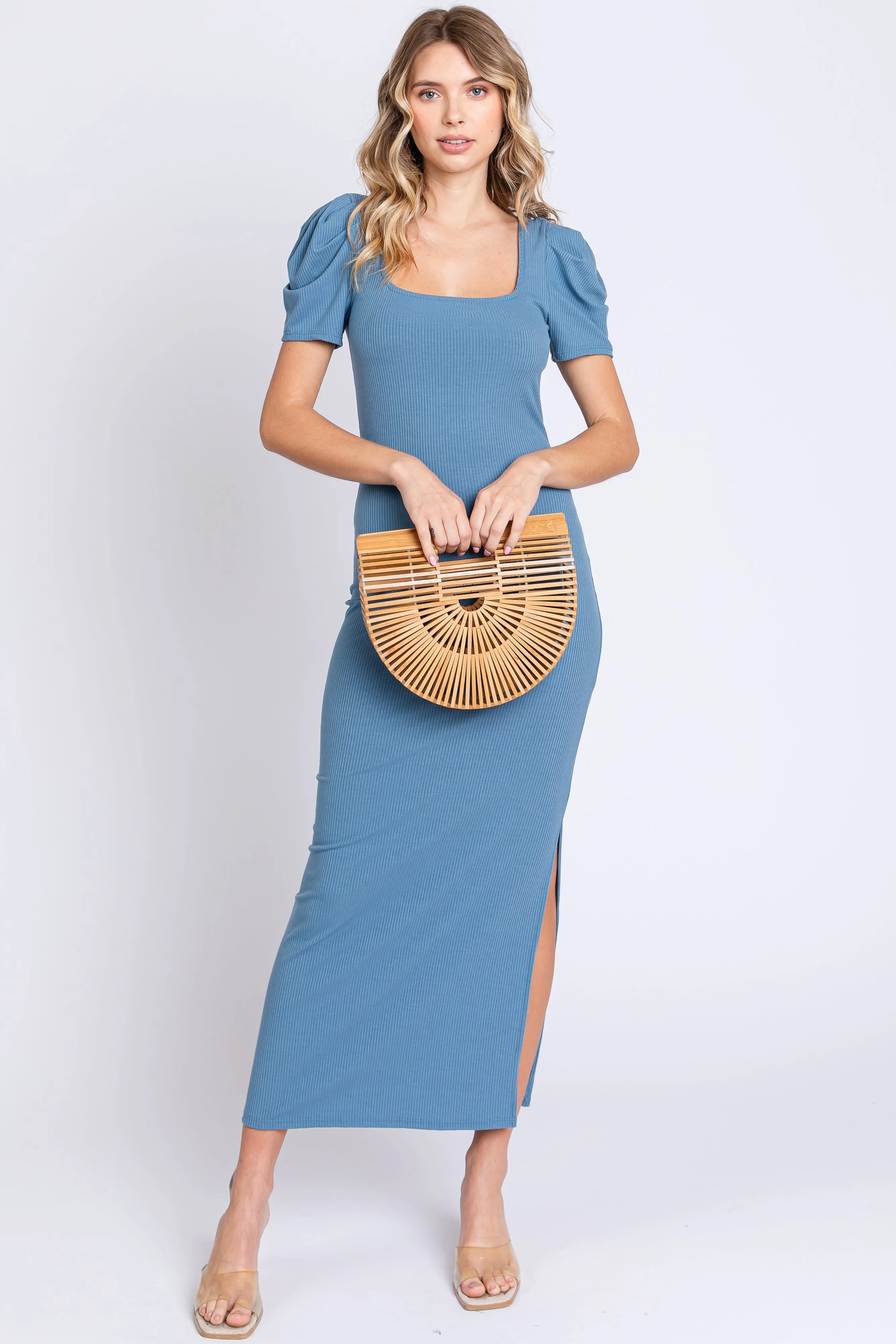 Blue Ribbed Sqaure Neck Side Slit Dress sold by Pinkblush product image thumbnail 4