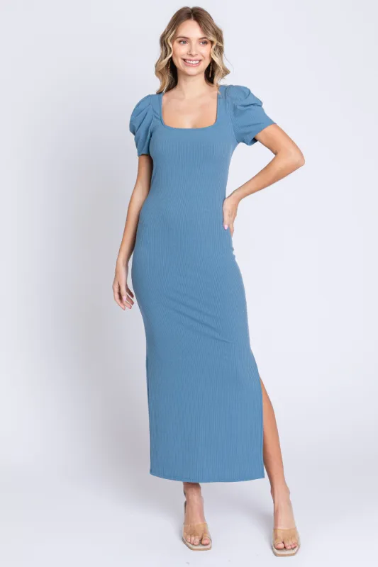 Blue Ribbed Sqaure Neck Side Slit Dress sold by Pinkblush