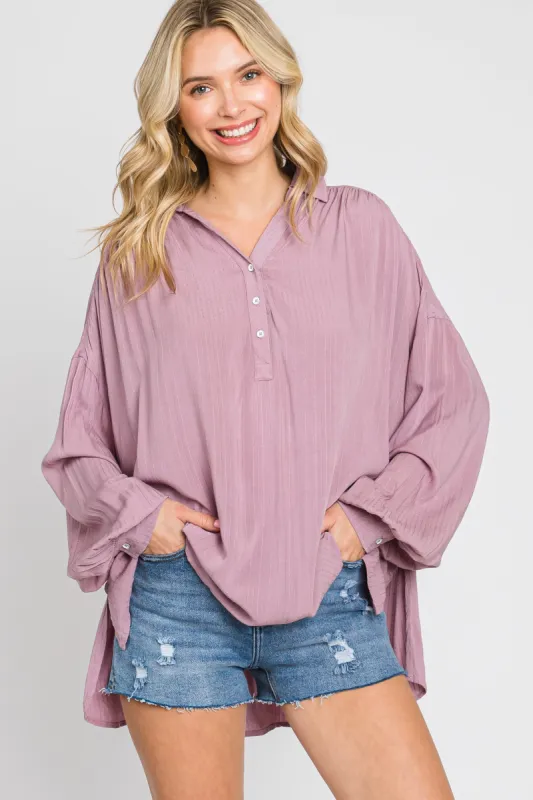 Mauve Lightweight Striped Textured Collared Top sold by Pinkblush