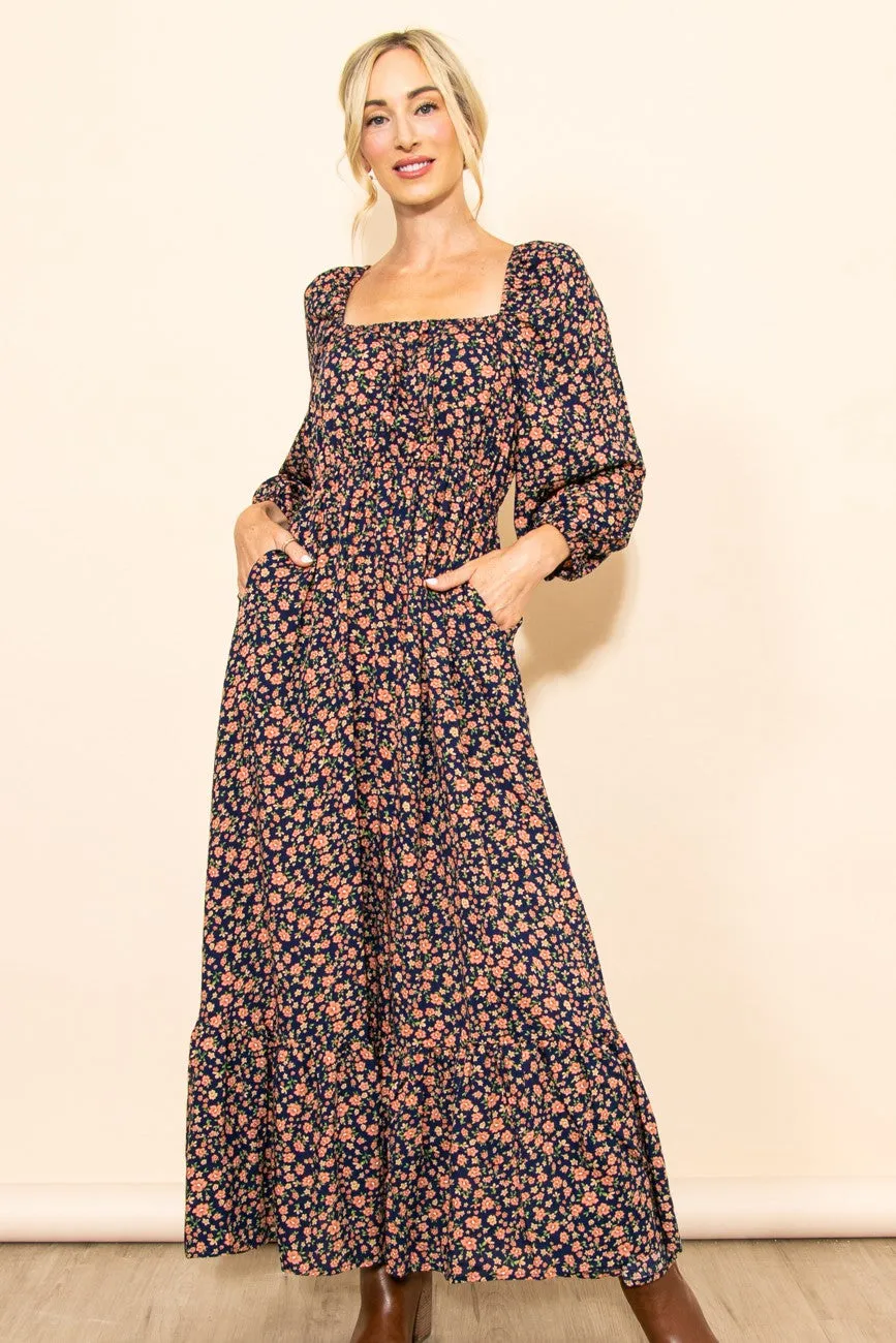 Navy Blue Floral Square Neck Ruffle Maxi Dress sold by Pinkblush