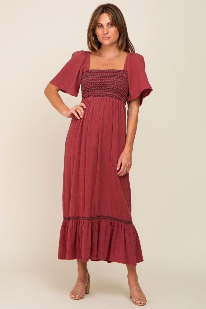 Burgundy Embroidered Smocked Square Neck Open Back Midi Dress sold by Pinkblush product image thumbnail 4