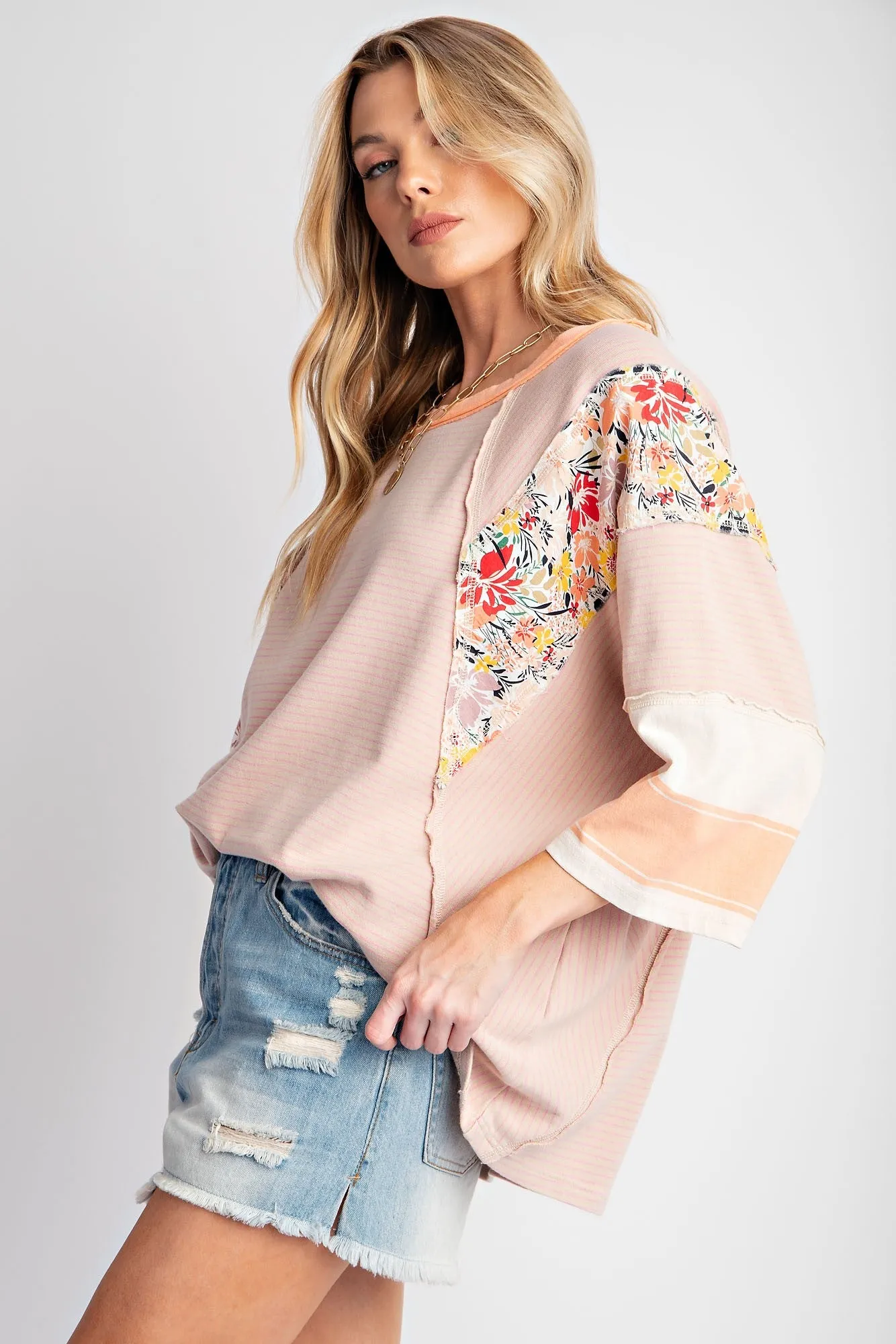 Peach Mixed Print Dolman Sleeve Top sold by Pinkblush