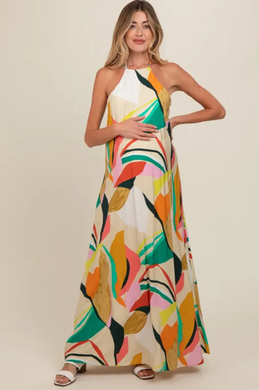 Multicolor Abstract Print Halter Maternity Maxi Dress sold by Pinkblush