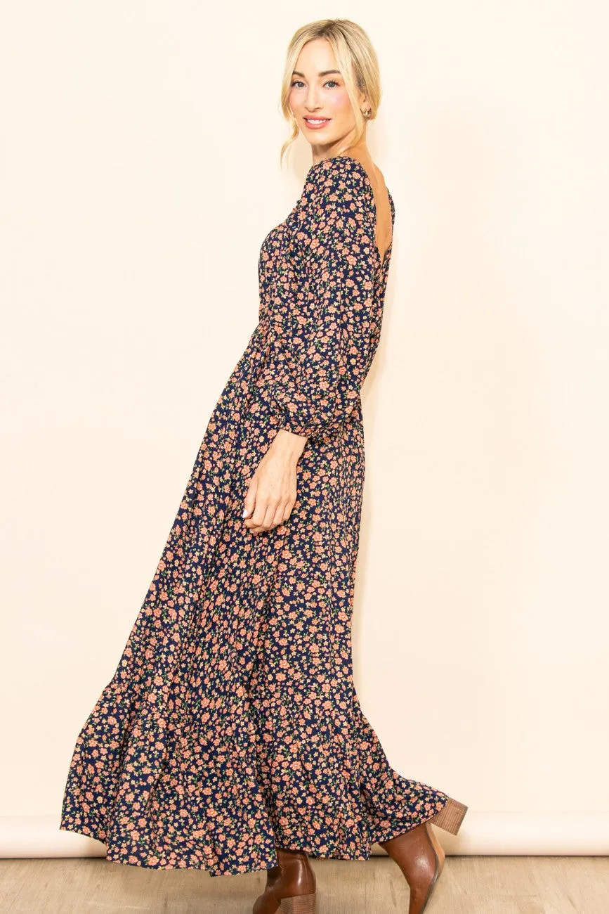 Navy Blue Floral Square Neck Ruffle Maxi Dress sold by Pinkblush product image thumbnail 2