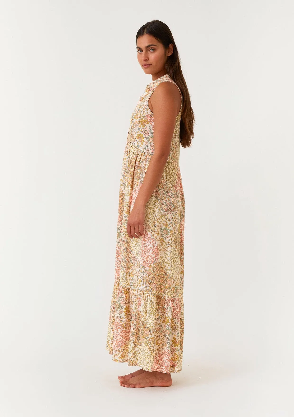 Peach Floral Sleeveless Button Tiered Collared Maxi Dress sold by Pinkblush product image thumbnail 2