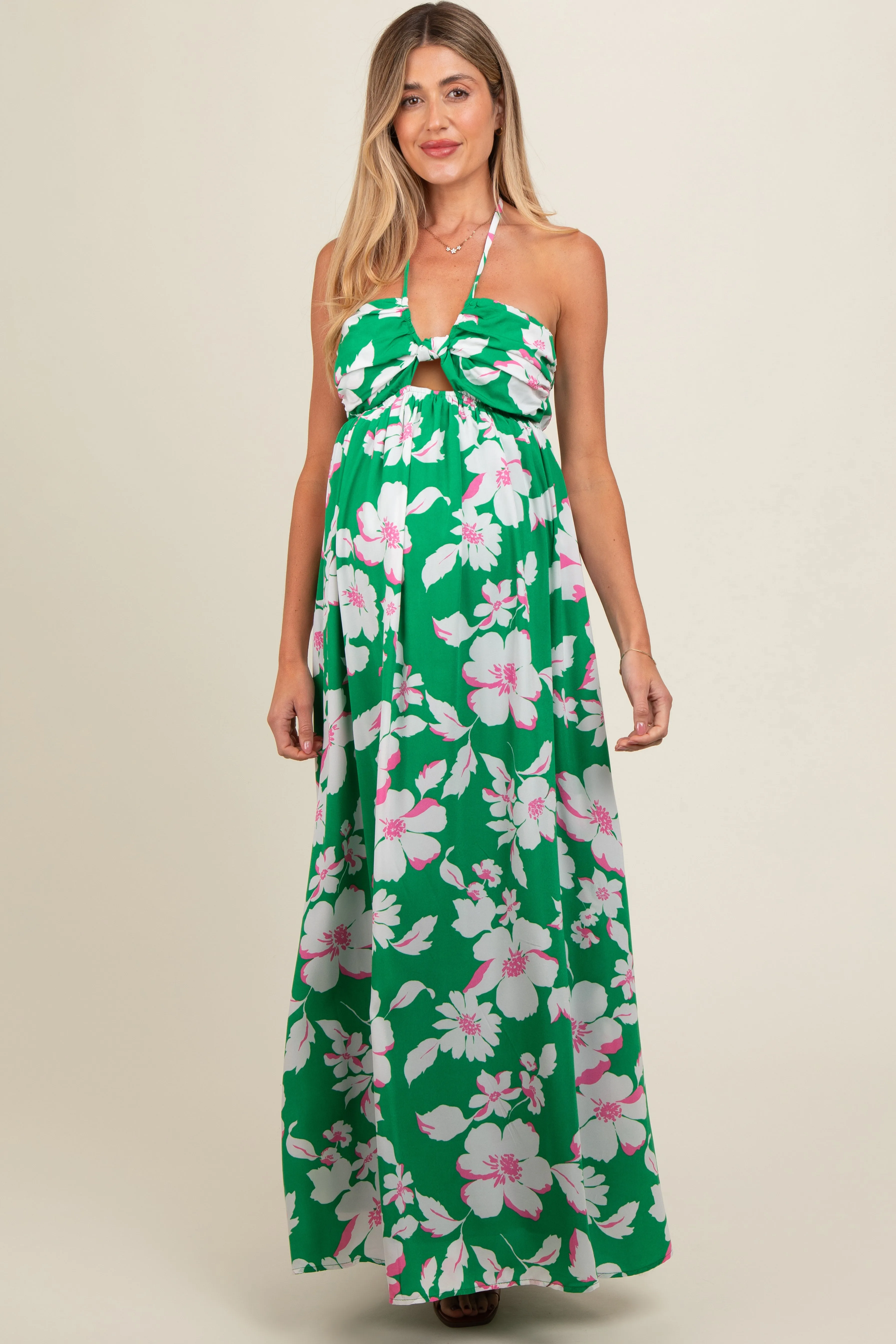 Green Floral Halter Neck Maternity Maxi Dress sold by Pinkblush