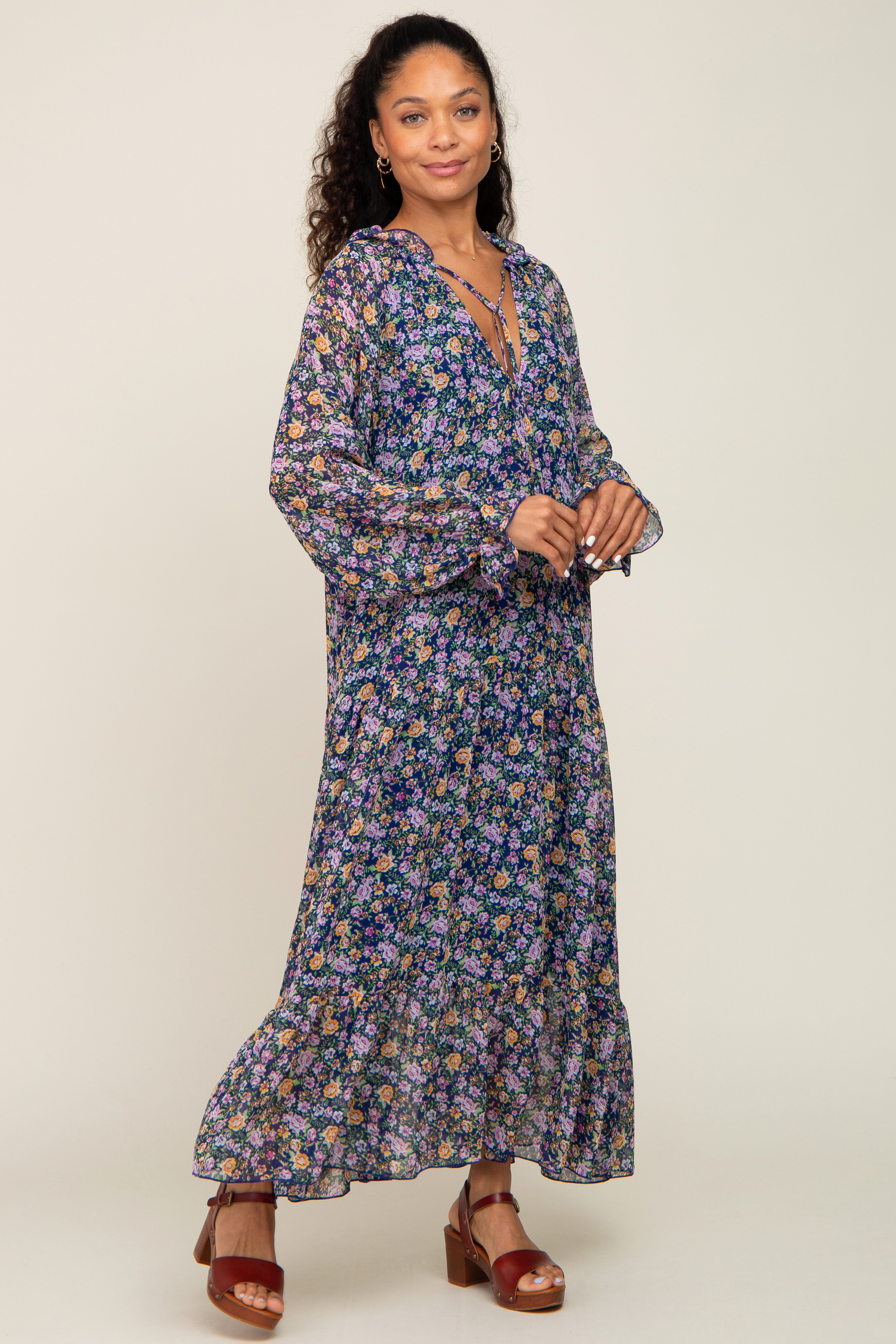 Navy Blue Floral Chiffon Ruffle Long Sleeve Maxi Dress sold by Pinkblush product image thumbnail 4