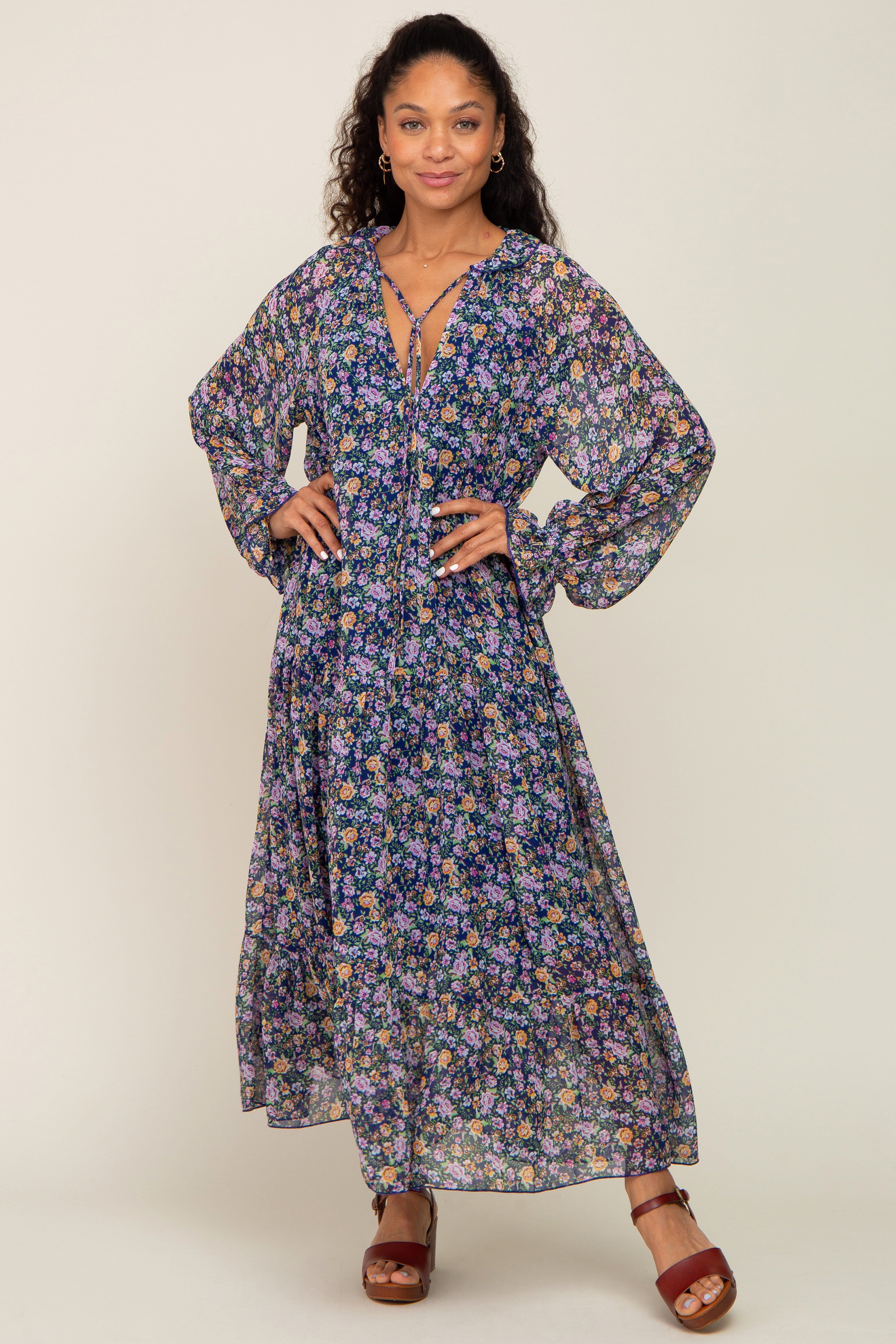 Navy Blue Floral Chiffon Ruffle Long Sleeve Maxi Dress sold by Pinkblush