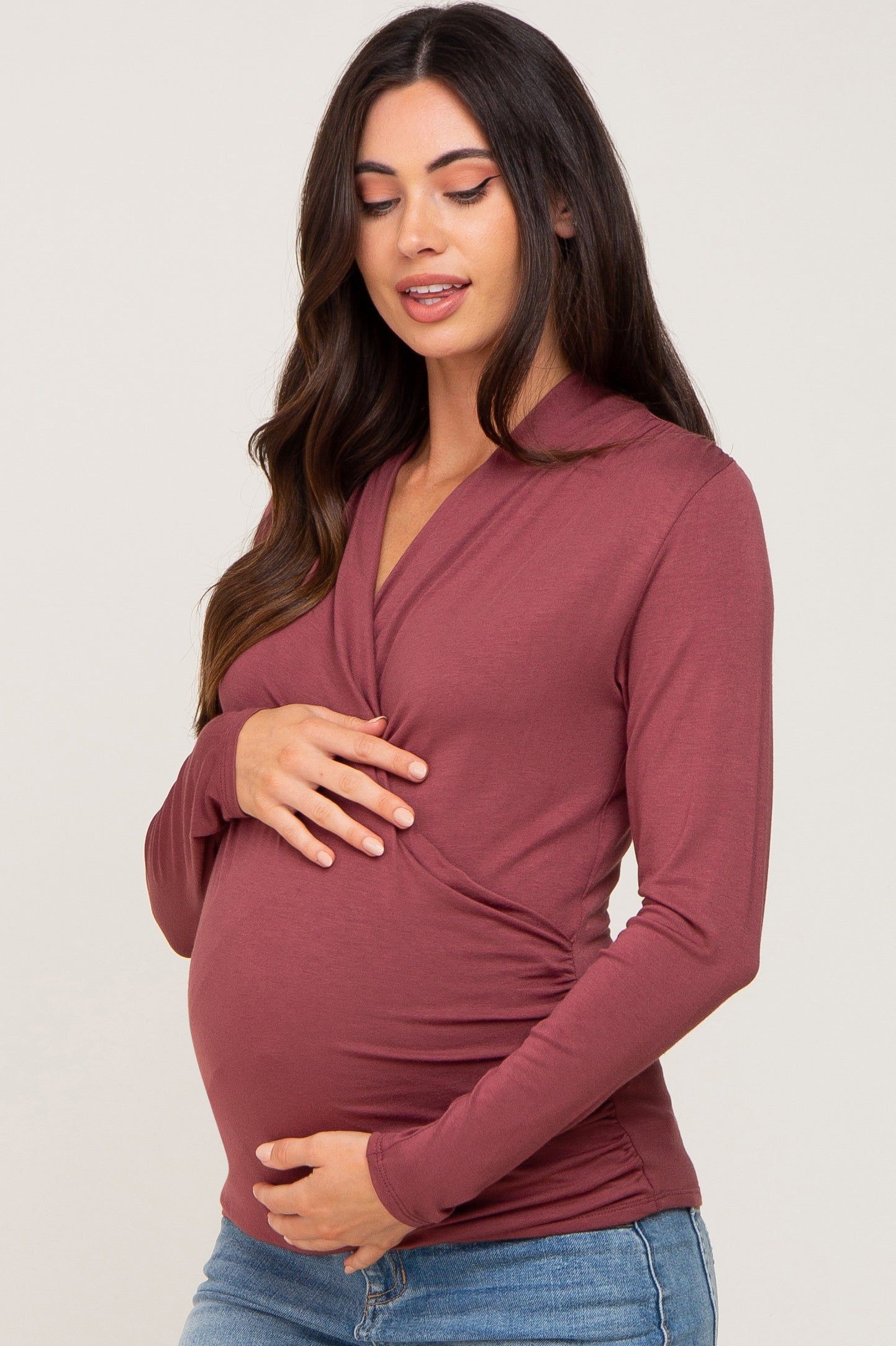 Burgundy Long Sleeve Wrap Maternity Nursing Top sold by Pinkblush product image thumbnail 2