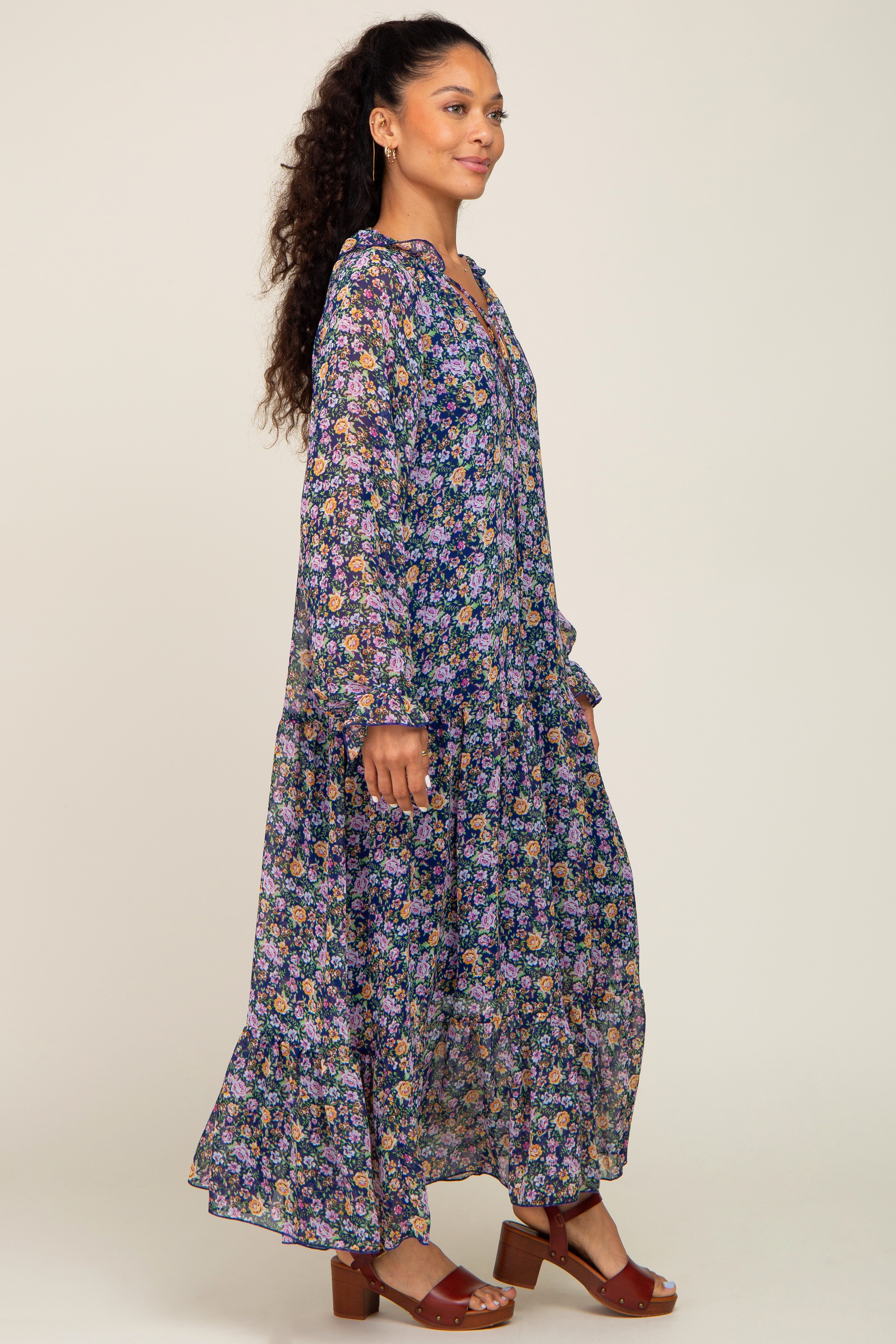 Navy Blue Floral Chiffon Ruffle Long Sleeve Maxi Dress sold by Pinkblush product image thumbnail 2