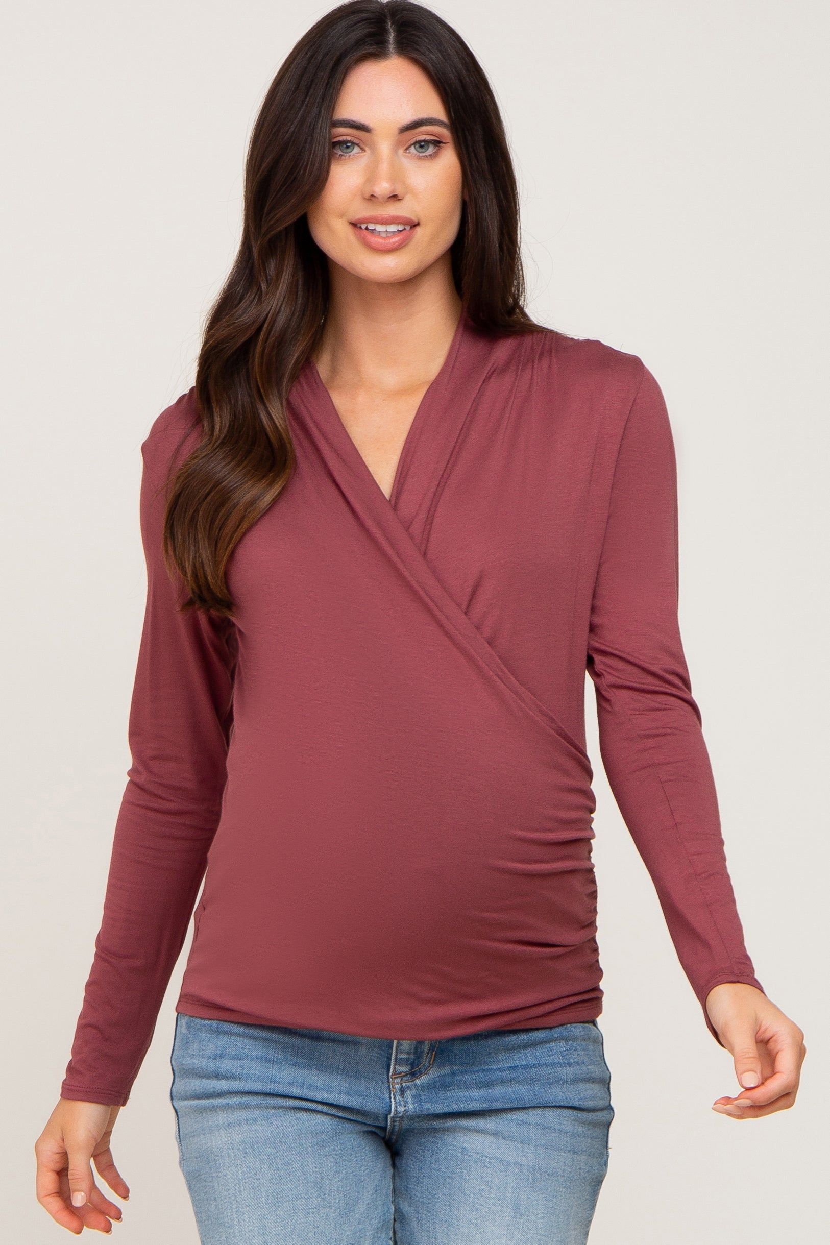 Burgundy Long Sleeve Wrap Maternity Nursing Top sold by Pinkblush