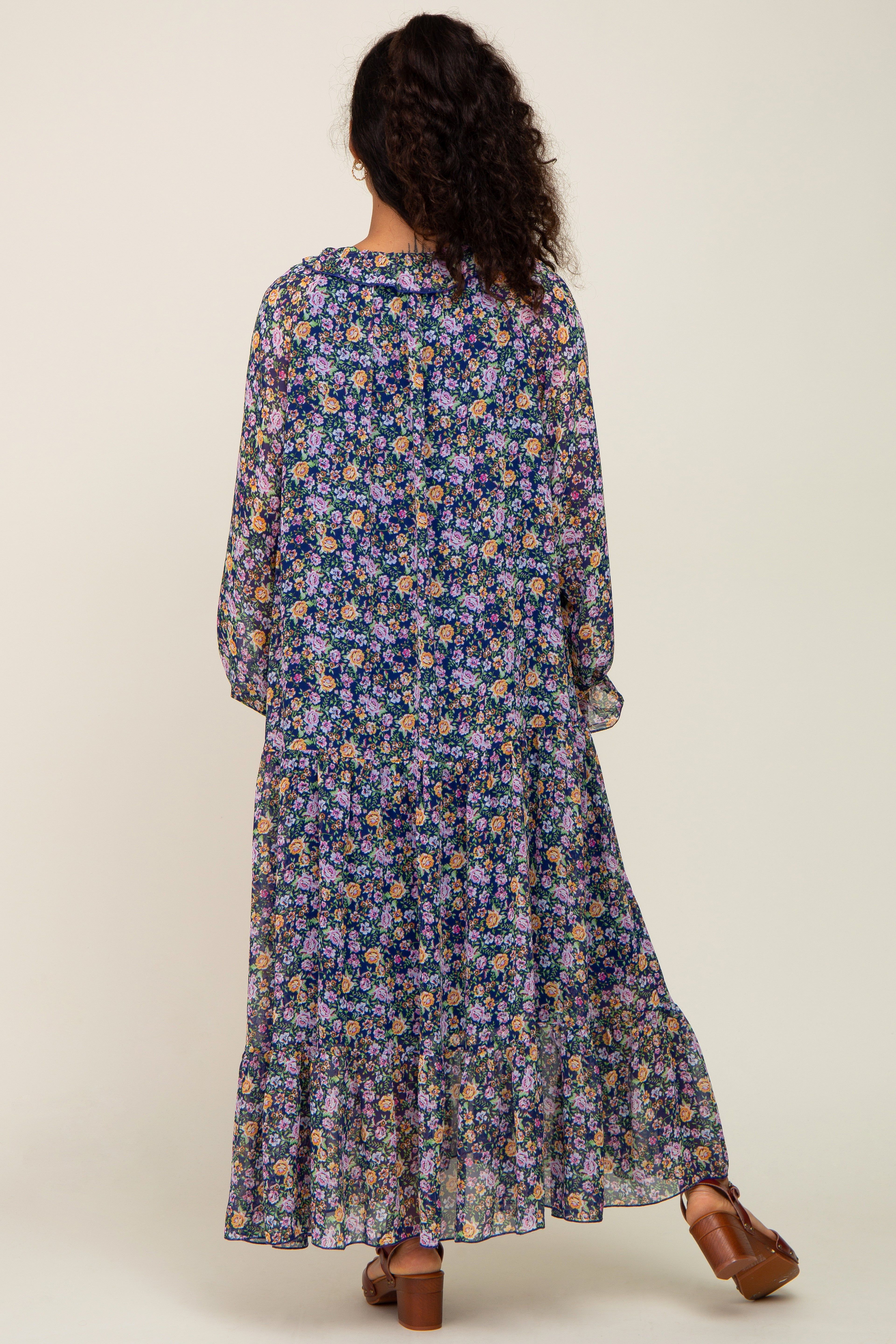 Navy Blue Floral Chiffon Ruffle Long Sleeve Maxi Dress sold by Pinkblush product image thumbnail 3