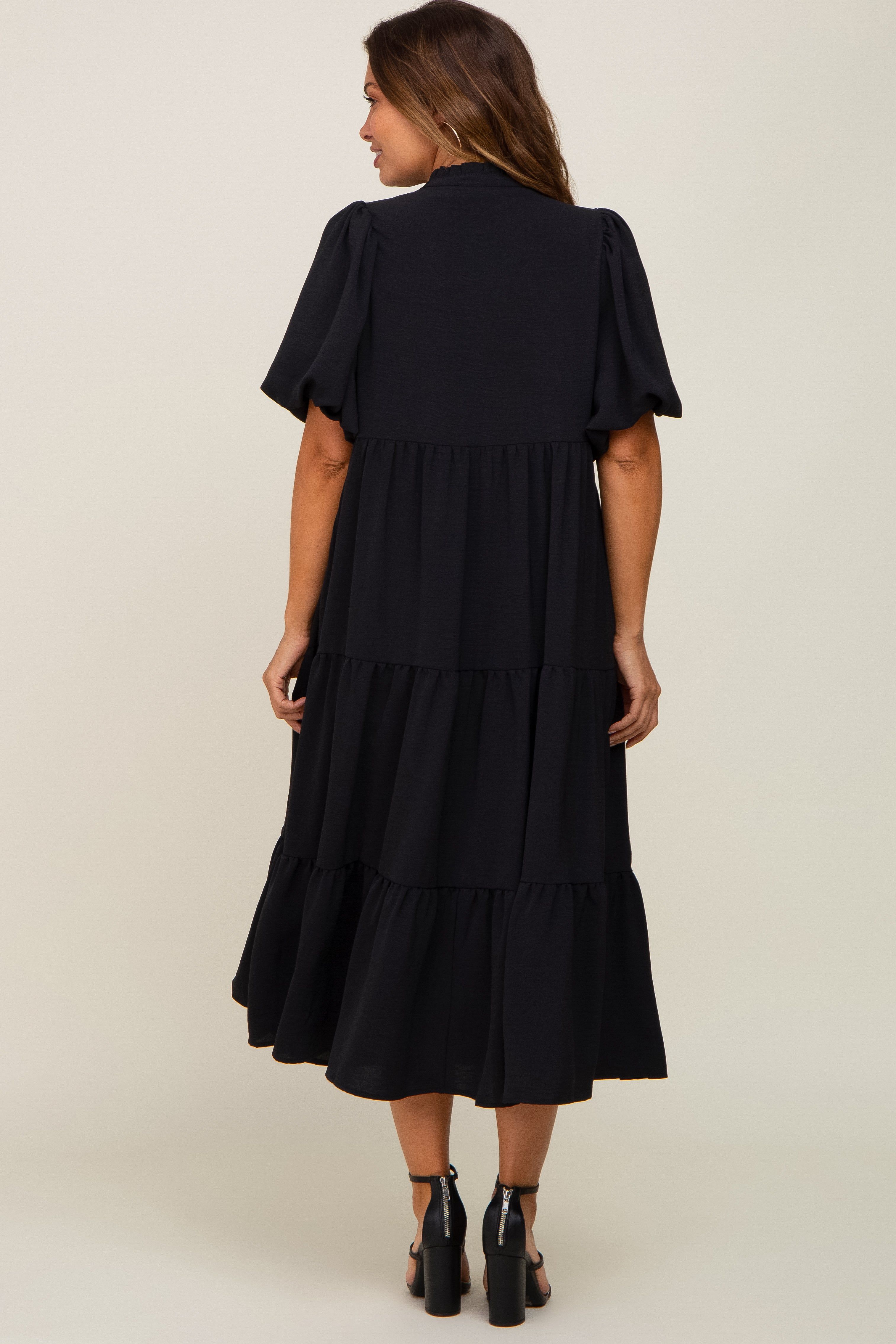 Black Bubble Sleeve Tiered Maternity Midi Dress sold by Pinkblush product image thumbnail 3