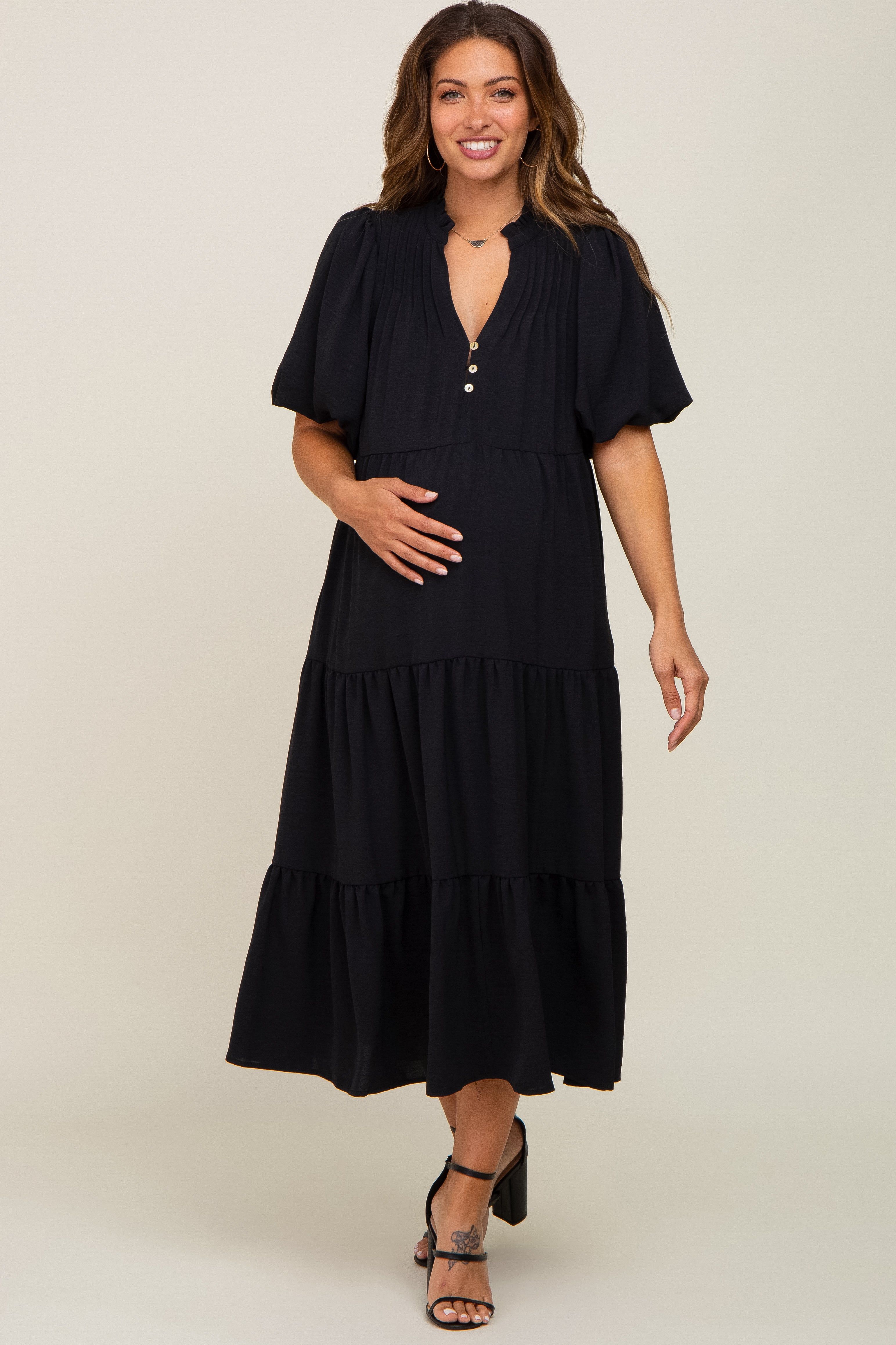 Black Bubble Sleeve Tiered Maternity Midi Dress sold by Pinkblush product image thumbnail 4