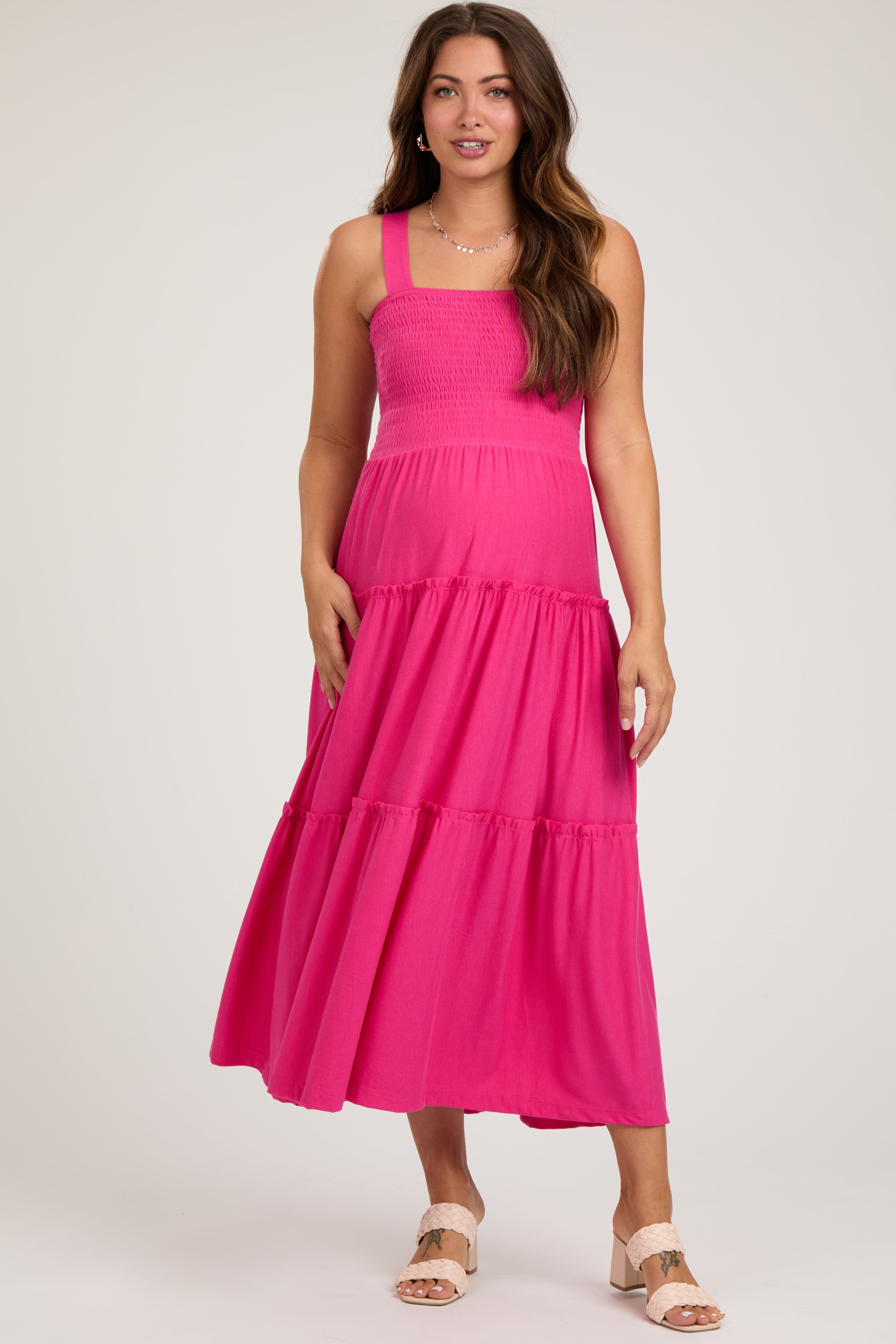 Fuchsia Sleeveless Tiered Maternity Maxi Dress sold by Pinkblush