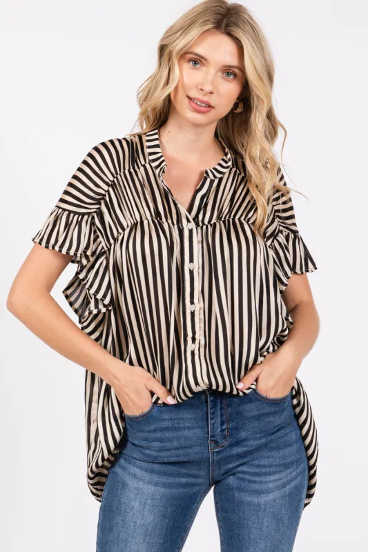 Black Striped Ruffle Sleeve Button Down Blouse sold by Pinkblush