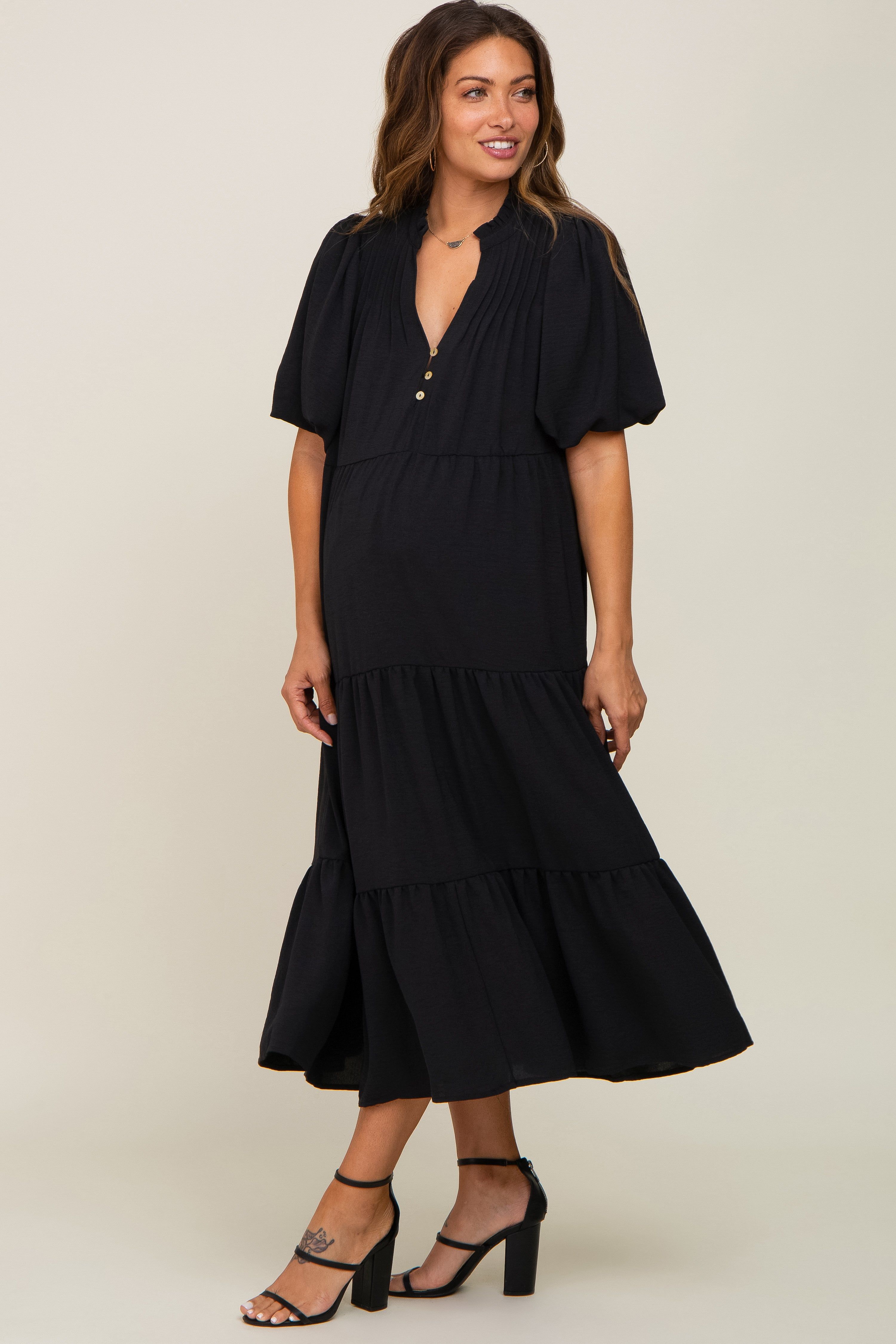 Black Bubble Sleeve Tiered Maternity Midi Dress sold by Pinkblush product image thumbnail 2