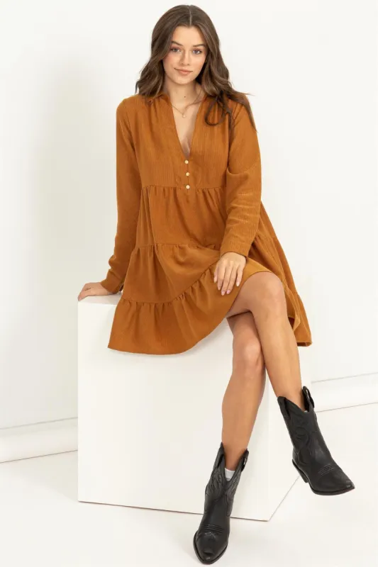 Camel Tiered Corduroy Mini Dress sold by Pinkblush