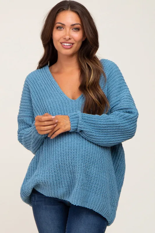 Blue Soft Knit V-Neck Maternity Sweater sold by Pinkblush
