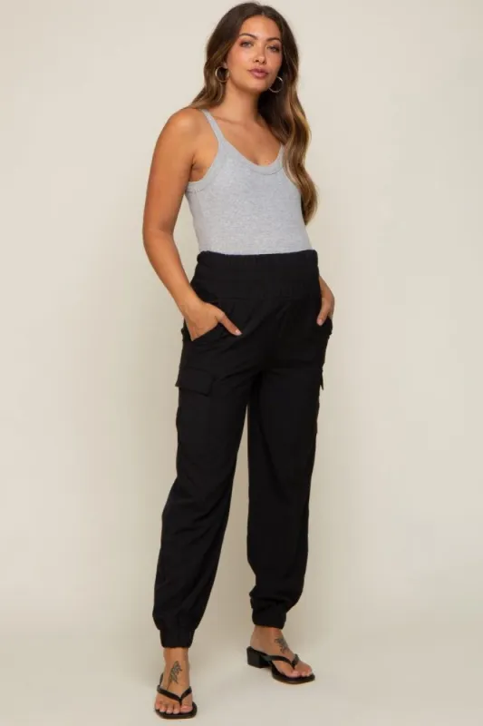 Black Cargo Pocket Maternity Joggers sold by Pinkblush