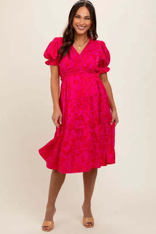Fuchsia Print Ruffle Trim Tiered Maternity Dress sold by Pinkblush