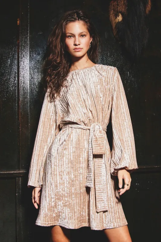 Champagne Velvet High Scoop Neck Sash Belt Dress sold by Pinkblush