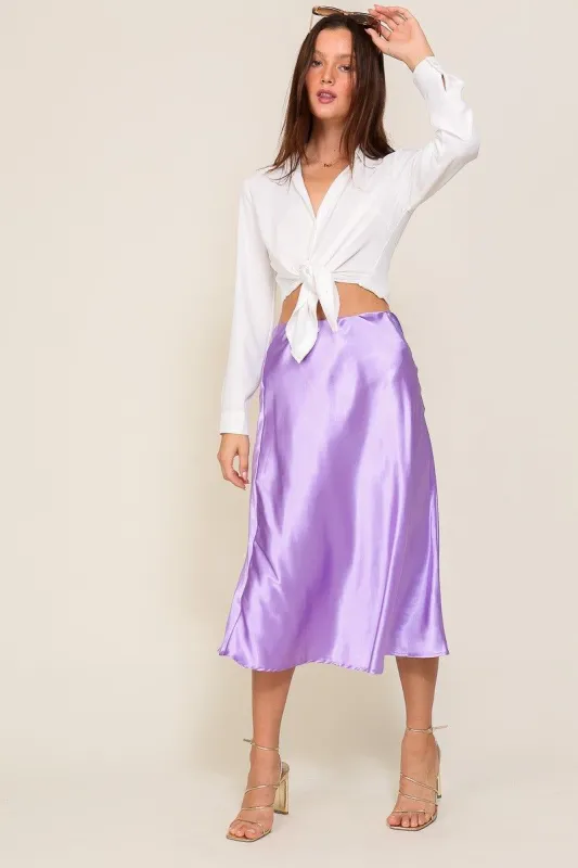 Lavender Satin Midi Flare Skirt sold by Pinkblush