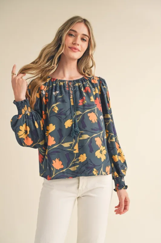 Navy Teal Floral Tie Front Puff Sleeve Blouse sold by Pinkblush