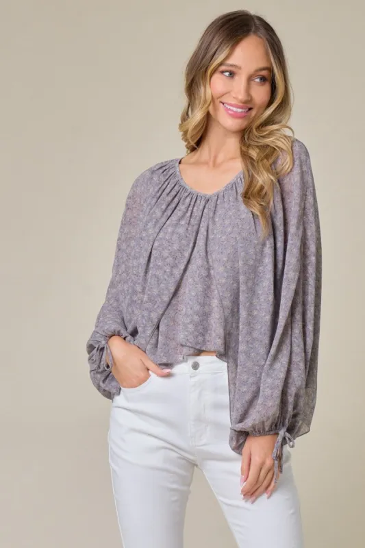 Grey Floral Printed Balloon Top W/ String Detail sold by Pinkblush