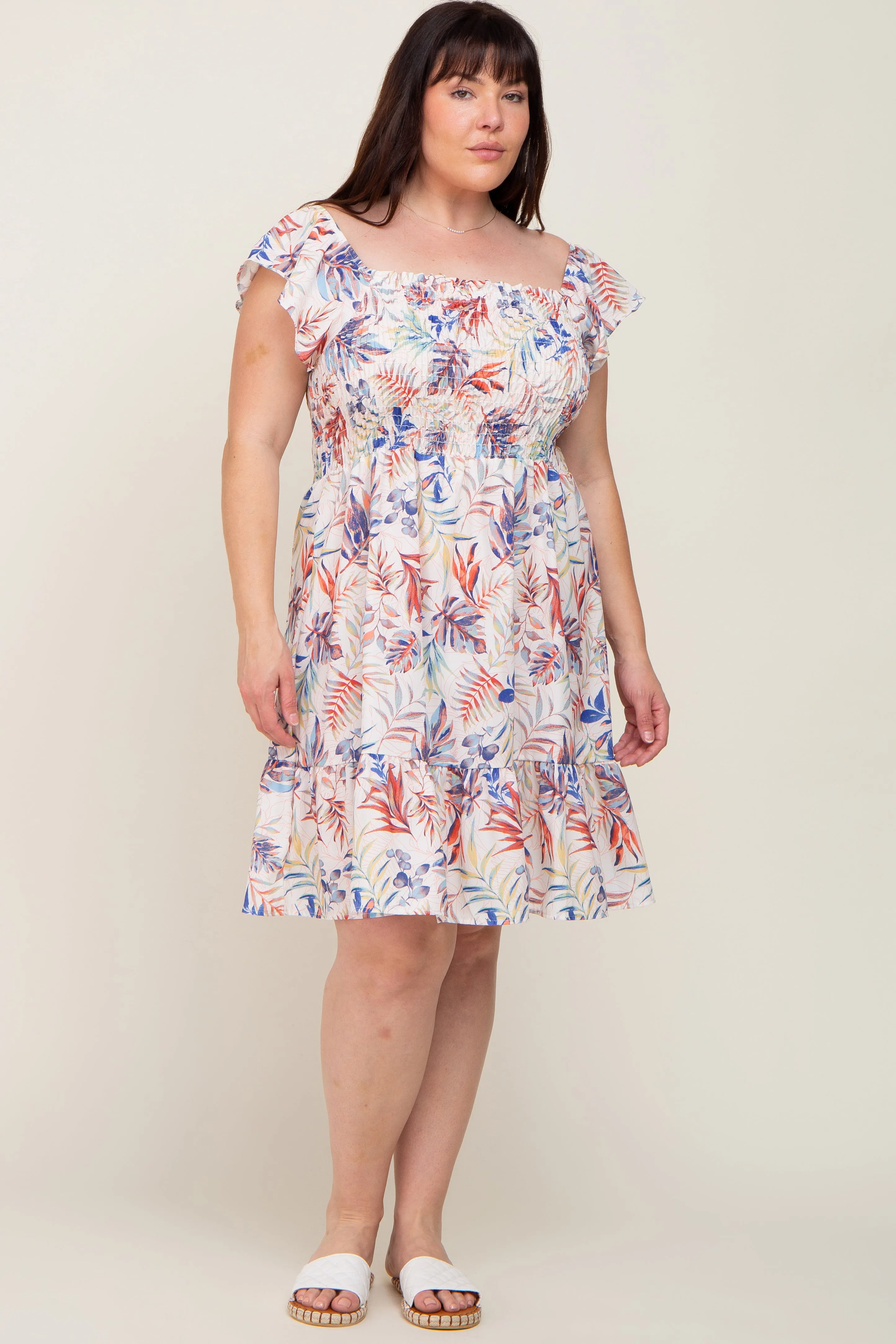 Cream Palm Print Smocked Flutter Sleeve Plus Dress sold by Pinkblush product image thumbnail 4