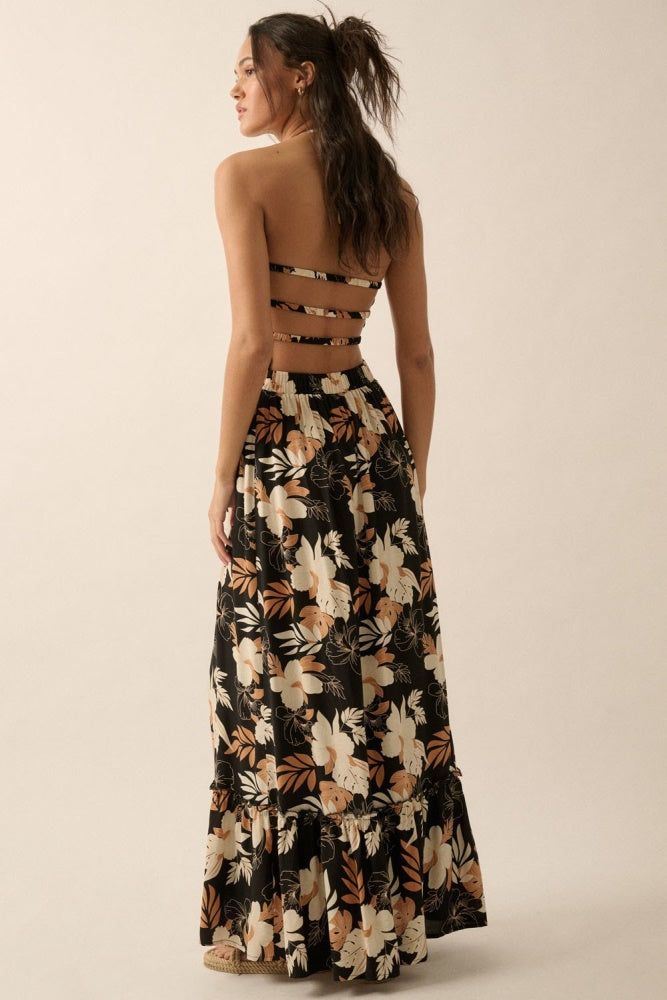 Black Floral Smocked-Bodice Maxi Halter Dress sold by Pinkblush product image thumbnail 4
