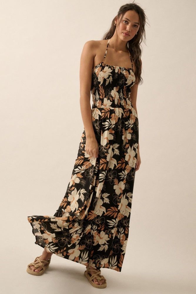 Black Floral Smocked-Bodice Maxi Halter Dress sold by Pinkblush