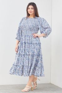 Blue Floral Smocked Ruffle Tiered Plus Midi Dress sold by Pinkblush