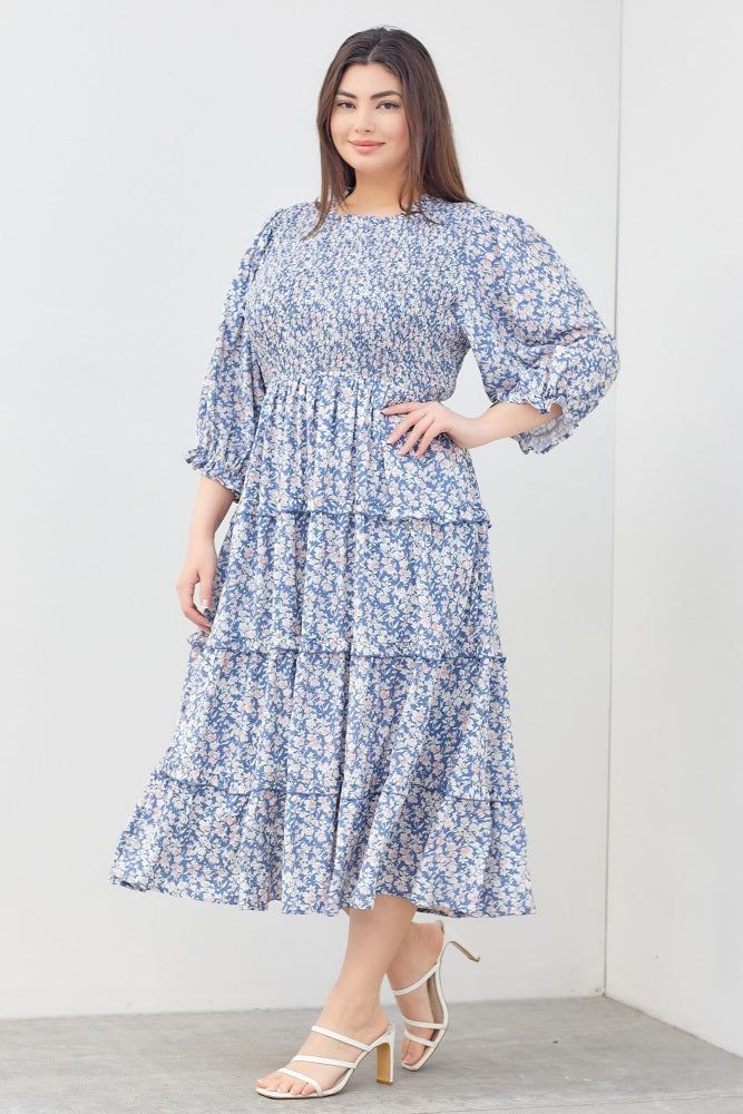 Blue Floral Smocked Ruffle Tiered Plus Midi Dress sold by Pinkblush product image thumbnail 3